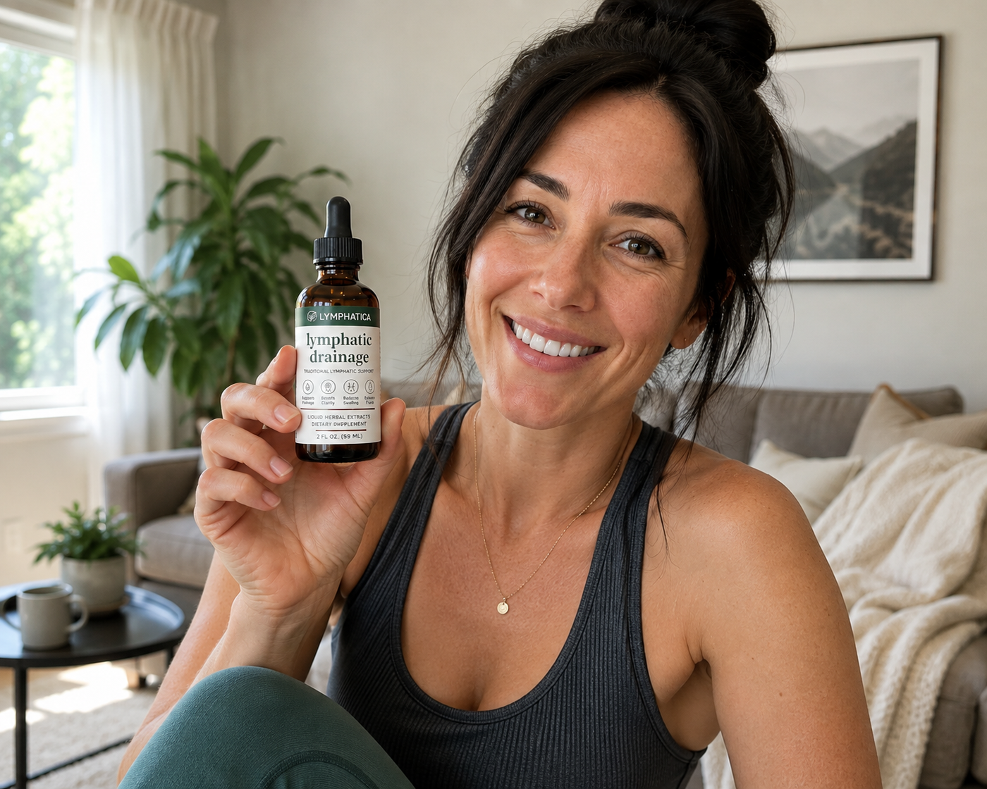 Woman holding Lymphatica lymphatic drainage drops with healthy lifestyle