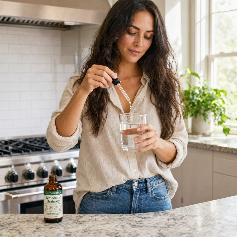 Woman adding Lymphatica liquid lymphatic drainage drops to water for fast absorption