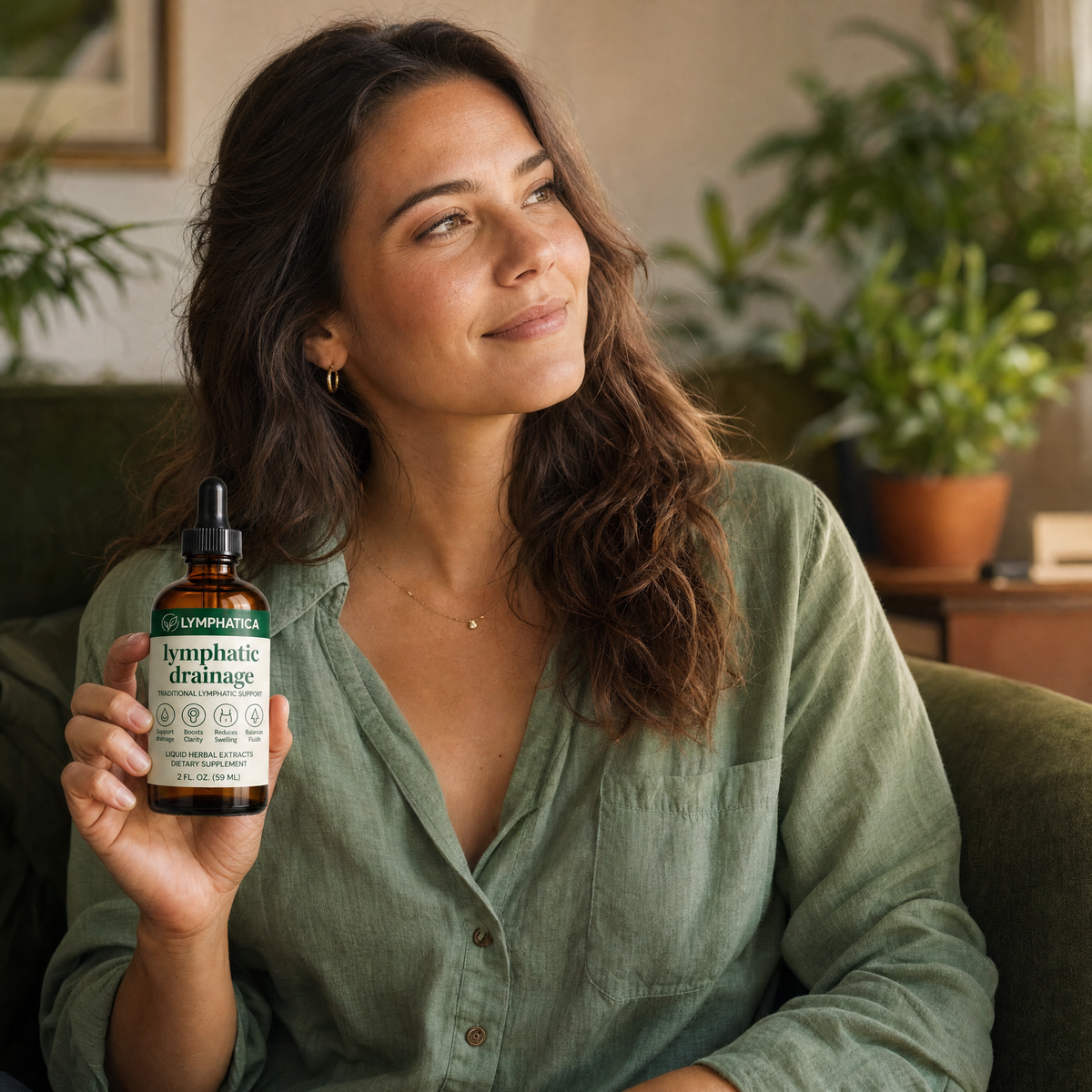Woman holding Lymphatica lymphatic drainage drops with a comparison chart highlighting its natural herbal formula, vegan-friendly ingredients and lymphatic wellness benefits over other brands.