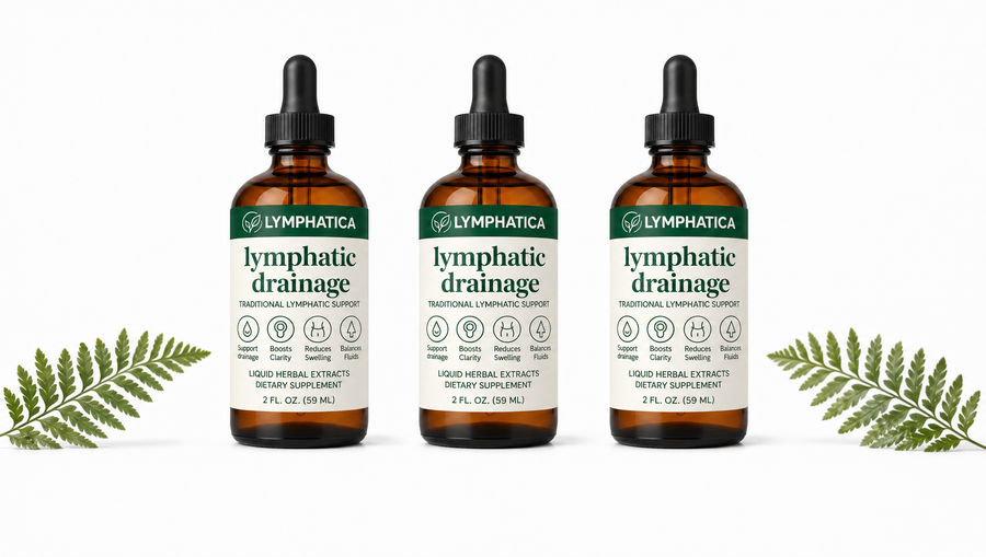 Three bottles of Lymphatica lymphatic drainage drops with a 30-day risk-free money-back guarantee.
