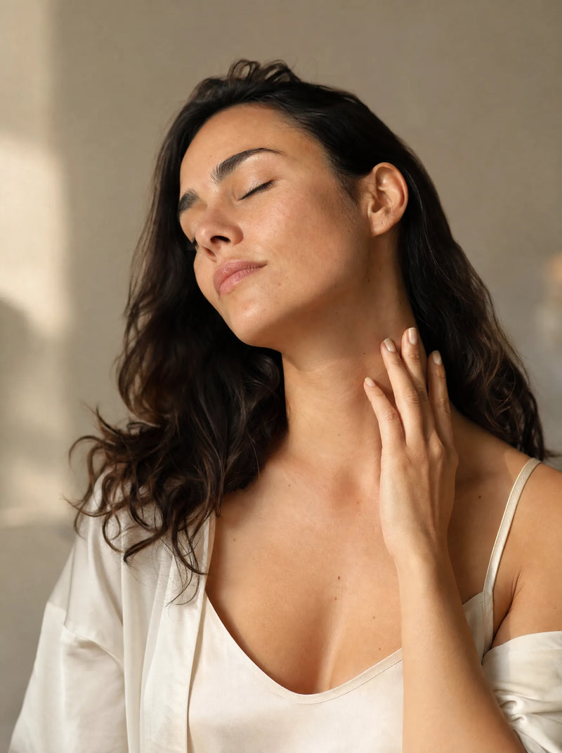 Woman supporting healthy lymphatic flow with Lymphatica herbal lymphatic drainage drops