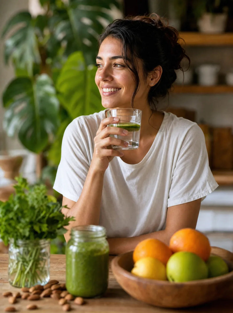 Woman drinking a healthy herbal beverage to support immune health and overall wellness naturally